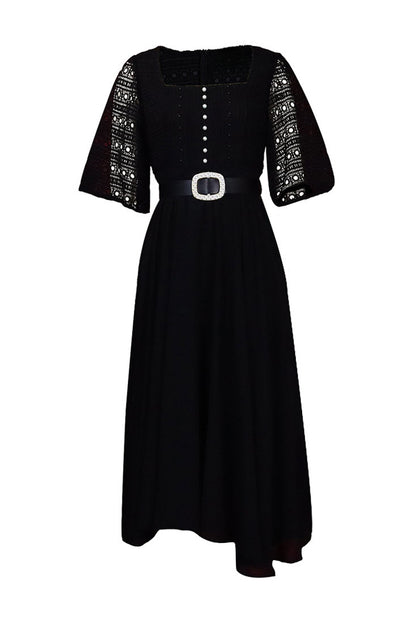 Square Neckline Lace Sleeve Midi Party Dress