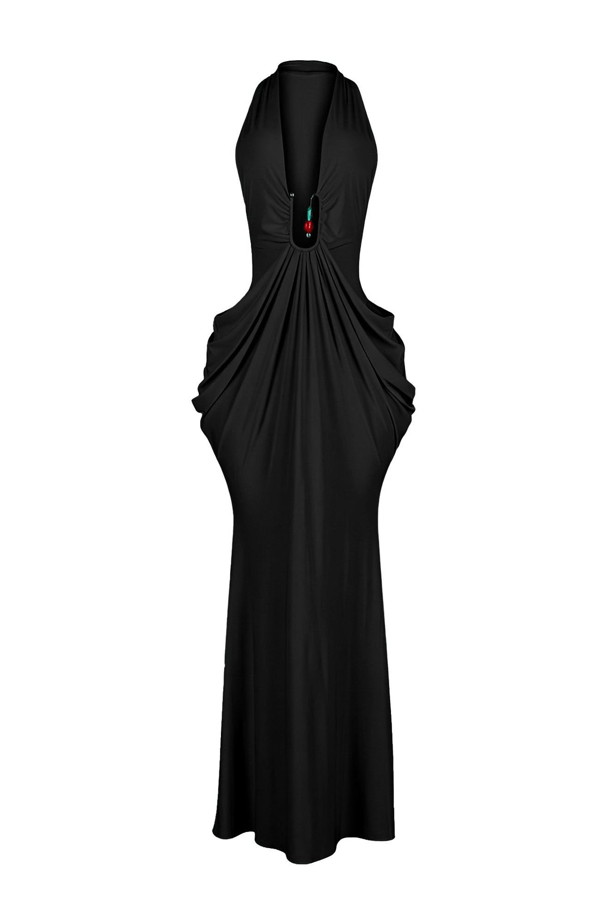 Plunging Halter Beaded Cutout Maxi Dress