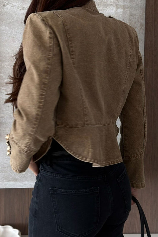 Cropped Military Jacket with Metal Button Detail