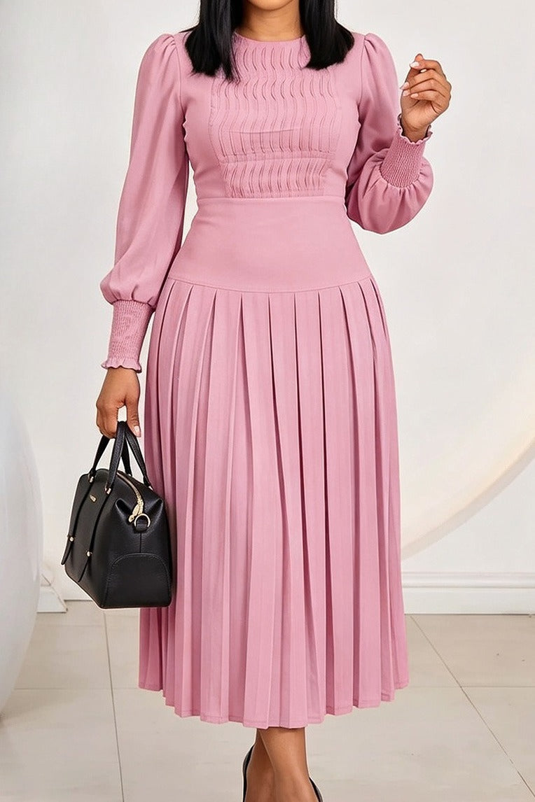 Smocked Puff Sleeve Pleated Midi Dress