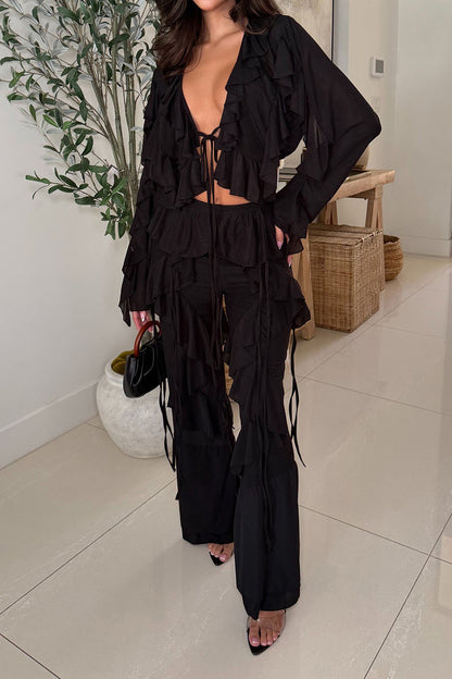 Ruffle Tie-Front Top & Pants Set