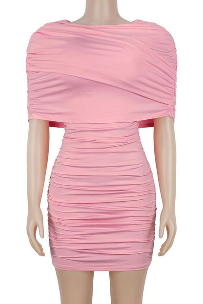 Draped Cape Ruched Bodycon Mini Dress