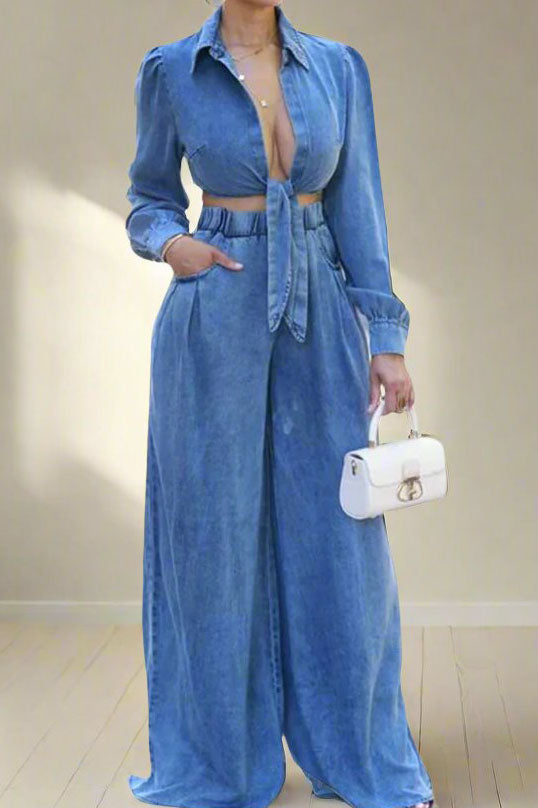 Denim Tied Shirt & Wide-Leg Pants Set