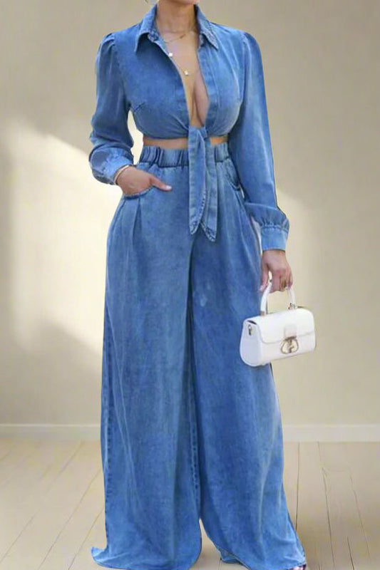 Denim Tied Shirt & Wide-Leg Pants Set