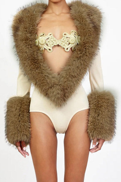Plush-Trim Deep V Long-Sleeve Bodysuit