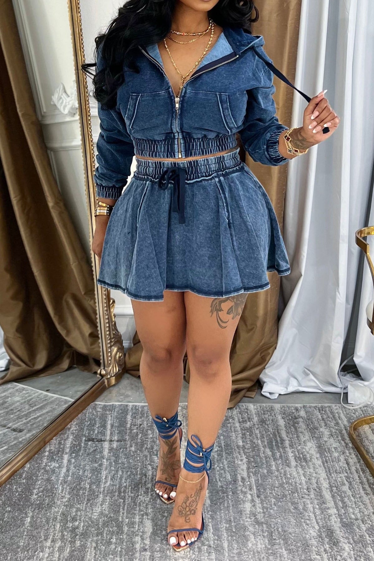 Hooded Denim Jacket & Skirt Set