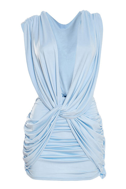 Plunging Twist Front Backless Mini Dress