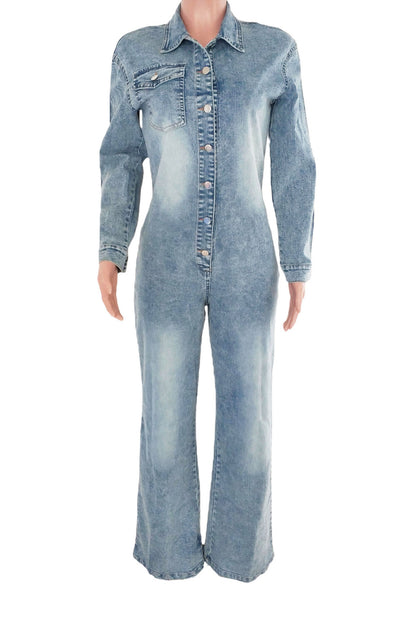 Slim Fit Long Sleeve Washed Denim Jumpsuit