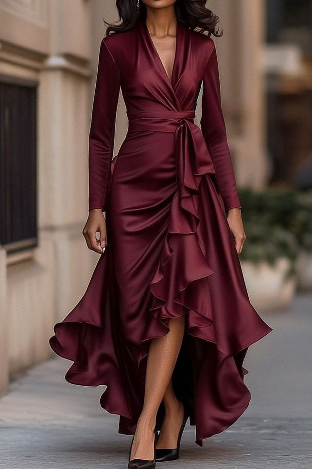 Solid V Neck Ruffle Waist Maxi Dress