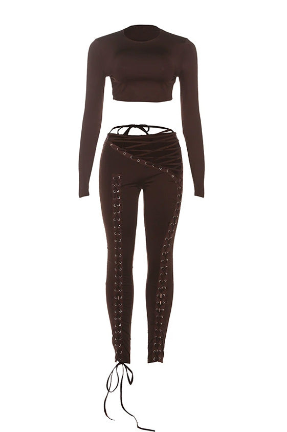 Long Sleeve Crop Top and Lace-Up Pants Set