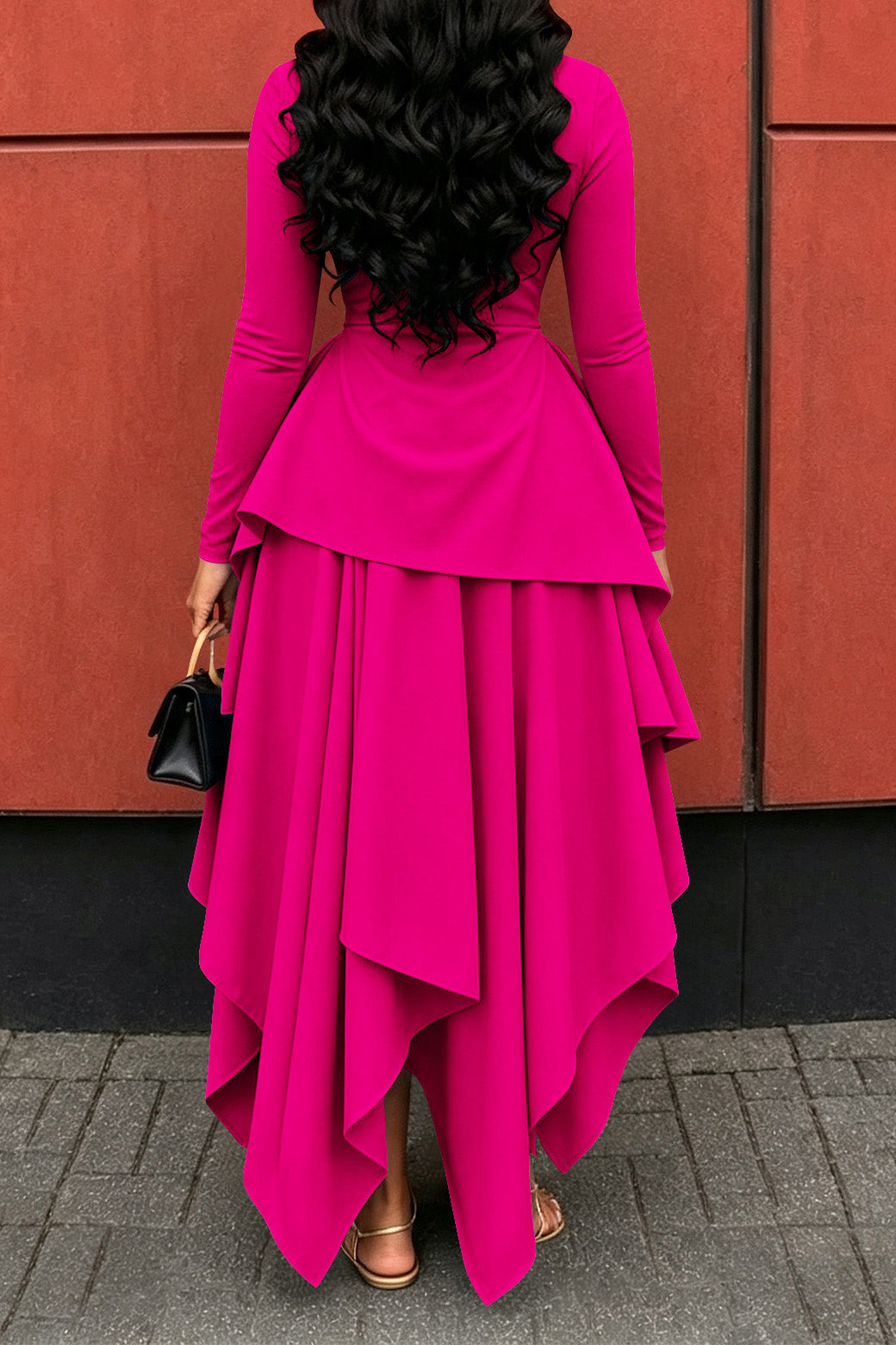 Long-Sleeve Ruffle Hem High-Low Dress