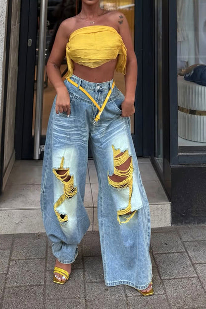 High-Waisted Distressed Wide-Leg Jean