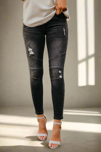 Skinny Ripped Pleated Stretch Denim Jeans