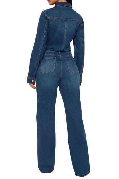 Stretch Flare Long Sleeve Denim Jumpsuit