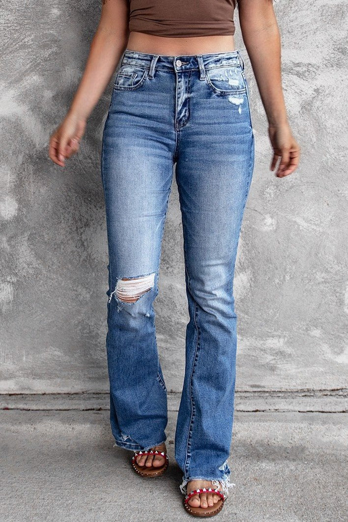 High Waist Distressed Raw Hem Flare Jeans
