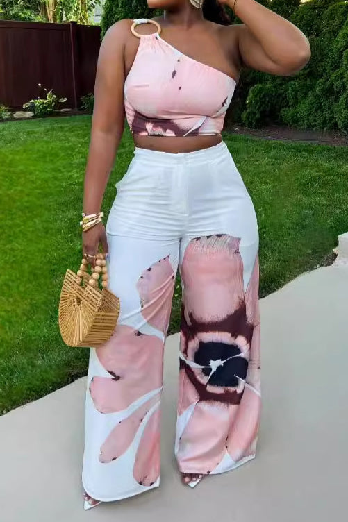 Printed One-Shoulder Top & Wide Leg Pants Set
