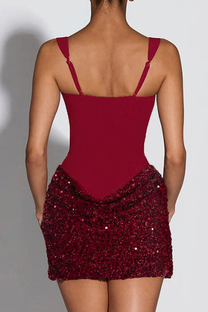 Square Neck Sequin Drape Mini Dress