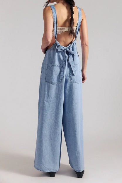 Slouchy Tie-Back Wide Leg Denim Jumpsuit