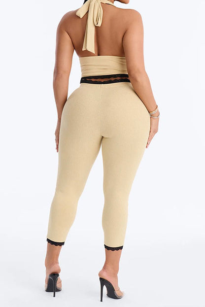 Lace Trim Ribbed Capri Set