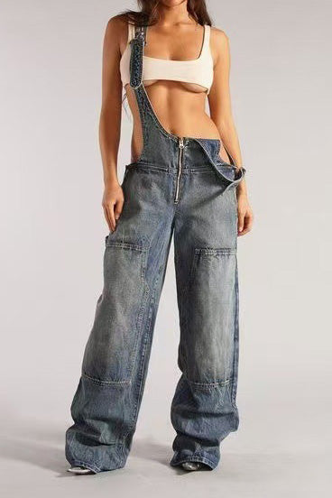 Vintage Wash Wide Leg Denim Overalls