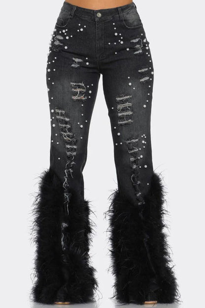 Feather Detail Ripped Denim Jeans