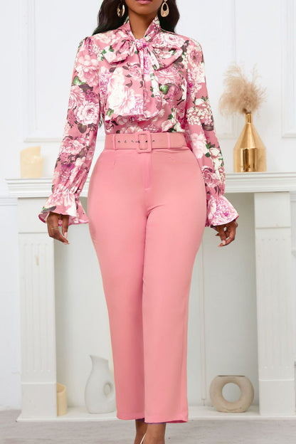 Floral Printing Blouse Solid Color Pants Set