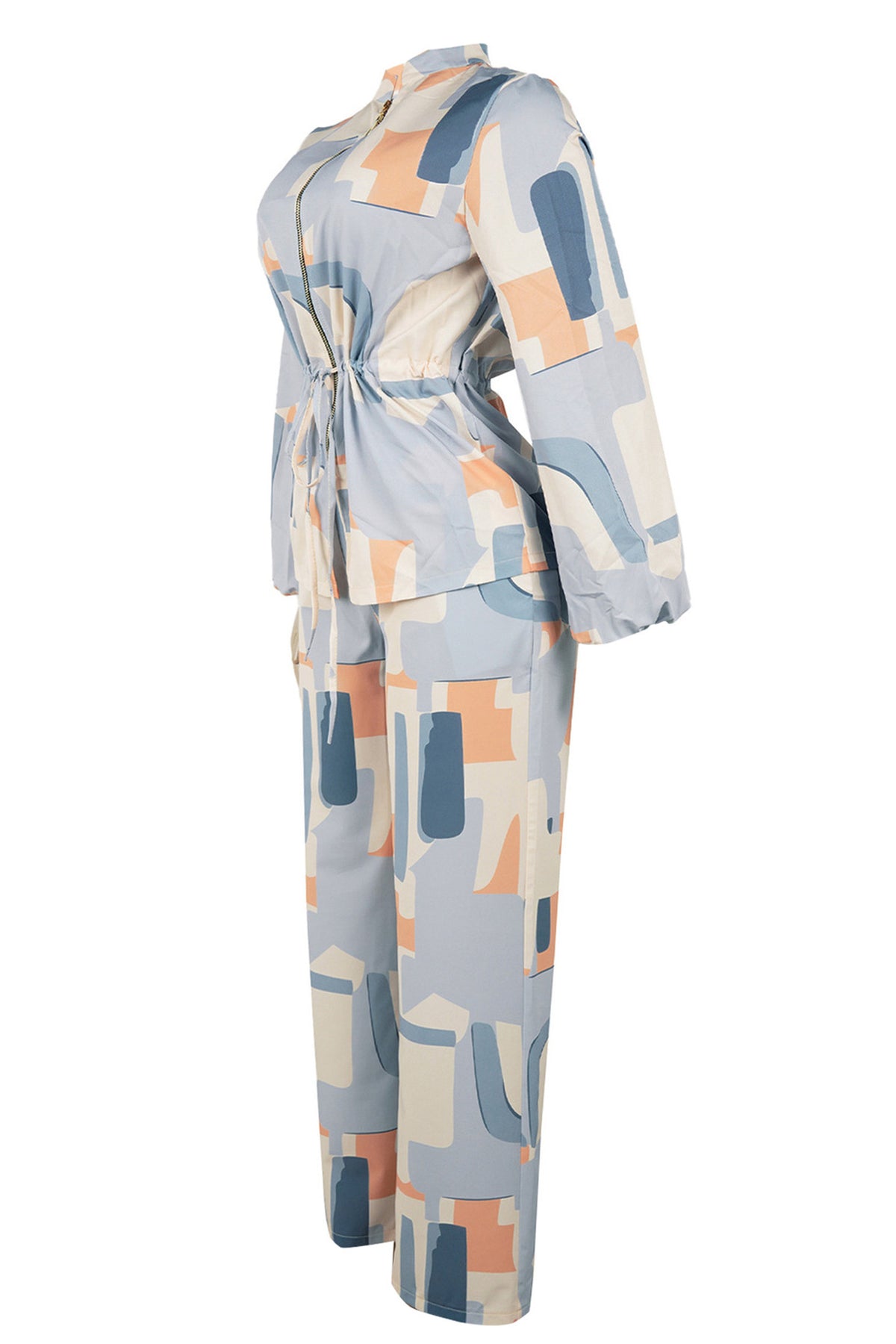 Printed Stand Collar Drawstring Waist 2-Piece Set