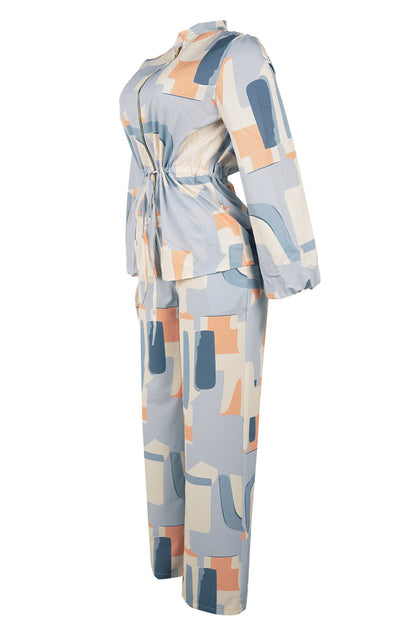 Printed Stand Collar Drawstring Waist 2-Piece Set