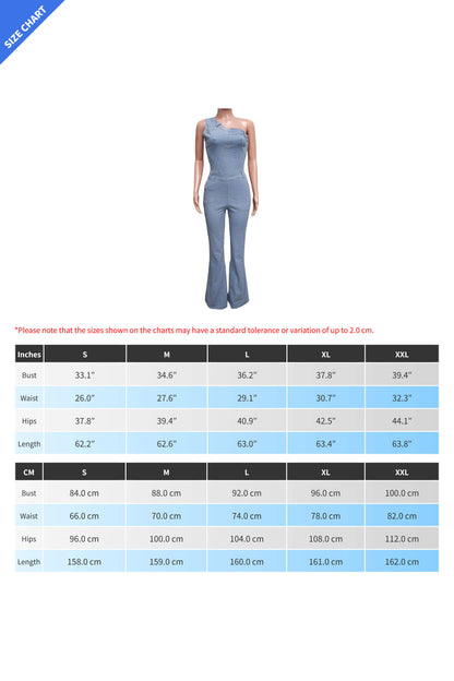 One Shoulder Denim Jumpsuit
