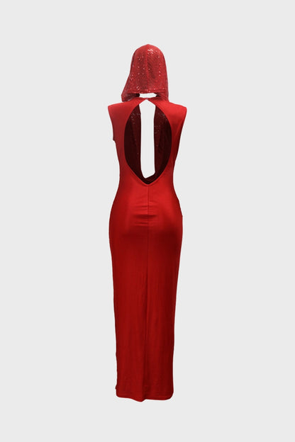 Hooded Sleeveless Sequins Mesh Maxi Dress