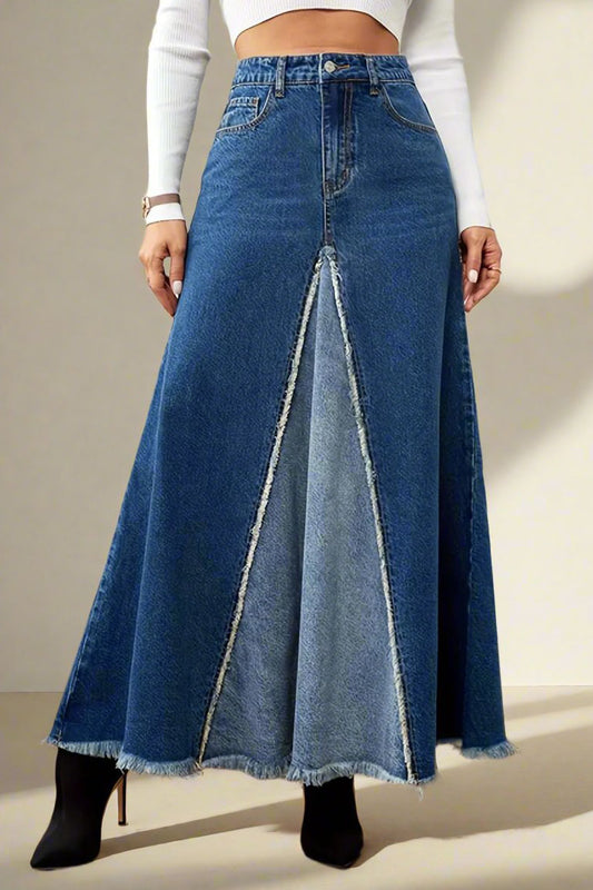 High Waist Denim Midi A-Line Skirt