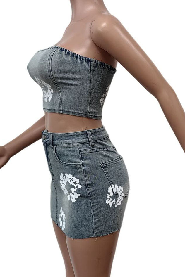 Printed Strapless Elastic Denim Skirt Set