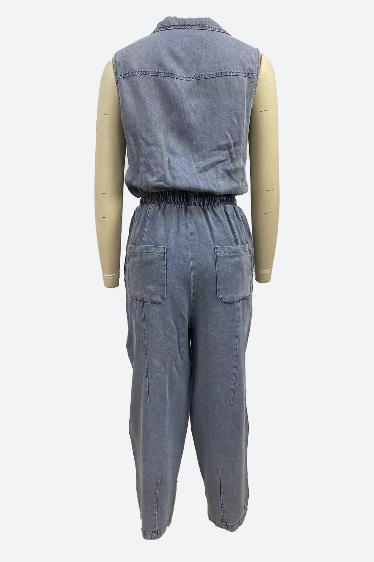 Sleeveless Drawstring Waist Washed Denim Jumpsuit
