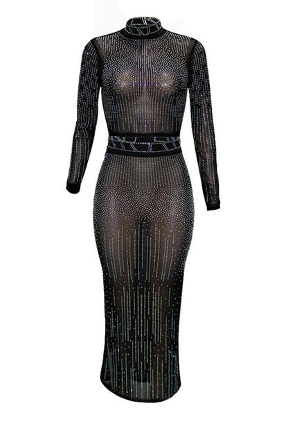 Rhinestone Mesh Illusion Two-Piece Maxi Set