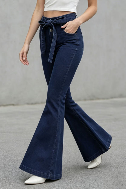 Medium Stretch High Rise Tie Belt Flare Jeans