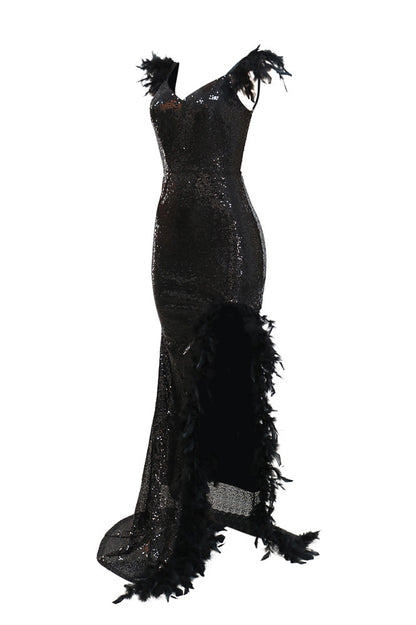 Feather Sequins Strap High Slit Dress