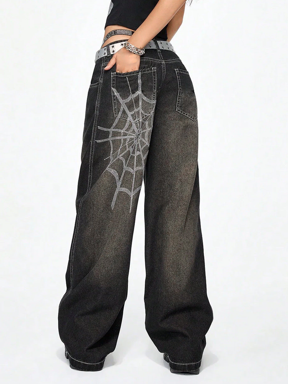 Distressed Rhinestone Spiderweb Jeans