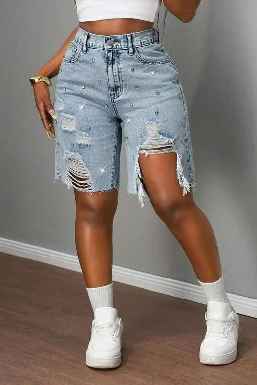 Rhinestone Distressed Denim Bermuda Shorts