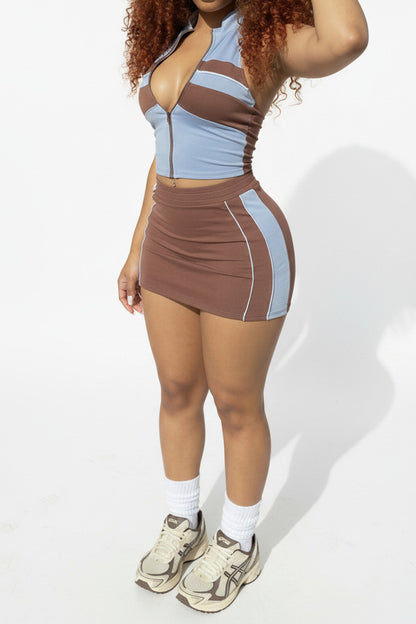 Colorblock Halter Zip Skirt Set