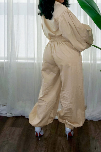 Puff-Sleeve Zip Jacket & Jogger Pants Set