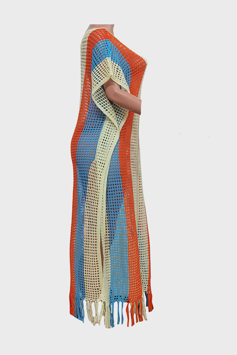 Colorblock V Neck Short Sleeve Split Cover Up