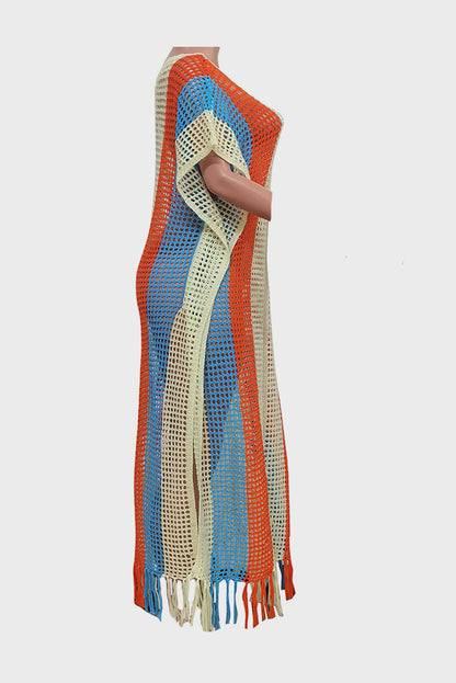 Colorblock V Neck Short Sleeve Split Cover Up