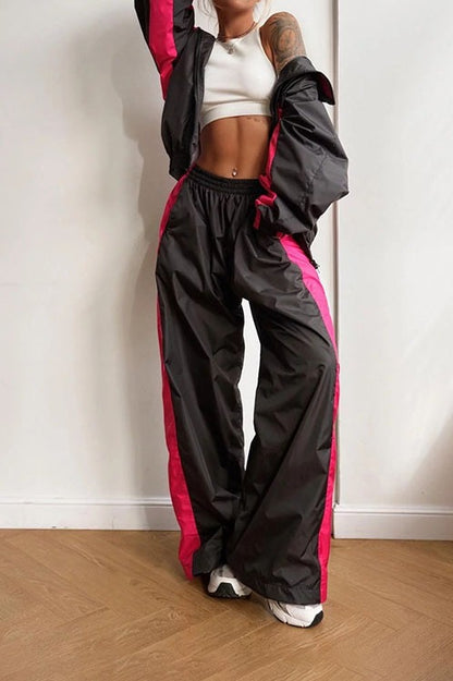 Contrast-Panel Zip Jacket & Wide-Leg Pants Set