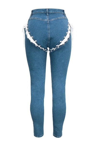 High-Rise Front & Back Lace-Up Cutout Jeans