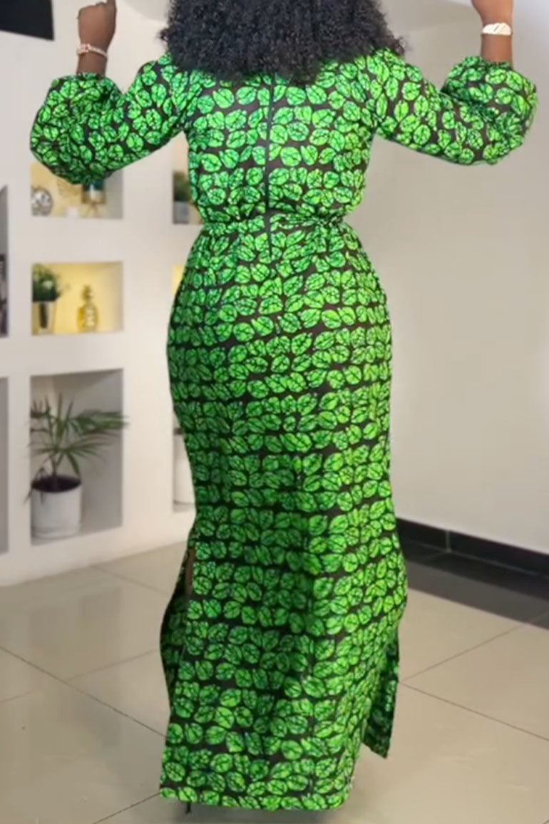 Print Slit V Neck Long Dresses