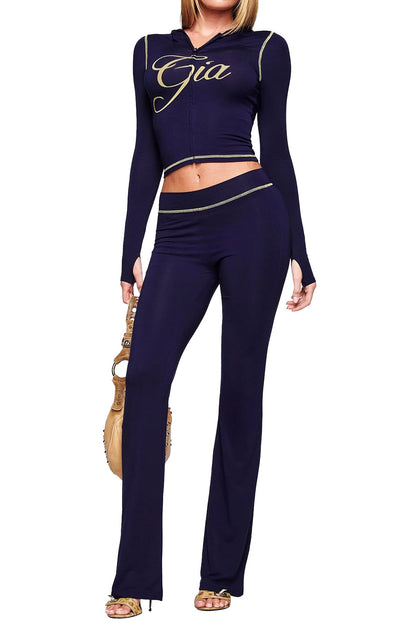 Printed Thumbhole Hoodie & Flare Set