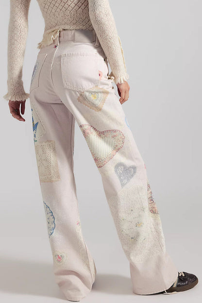 High-Waisted Statement Print Wide Leg Jeans