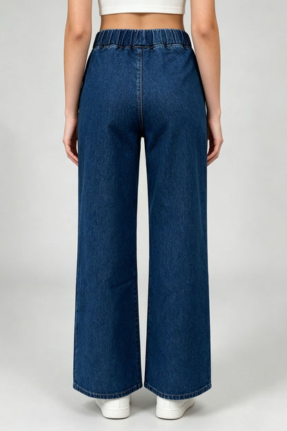 Elastic Waist Non-Stretch Wide Leg Jeans
