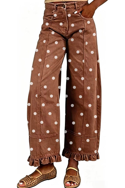 Polka Dot Wide Leg Jeans with Ruffle Hem