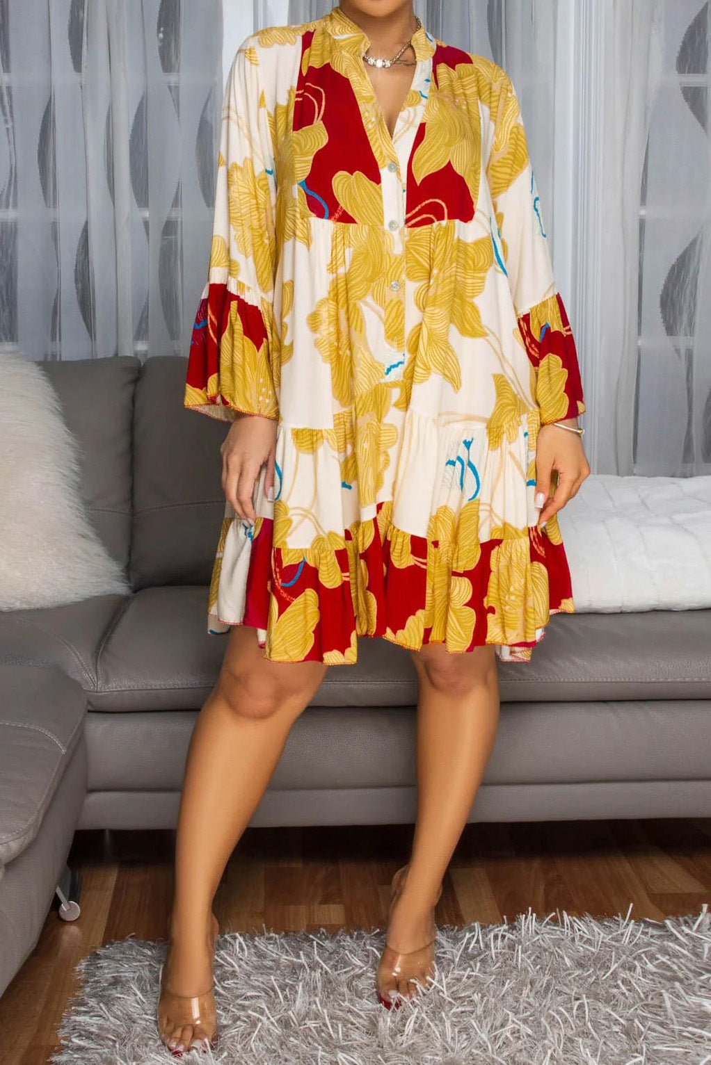 Floral Print V-Neck Colorblock Midi Dress